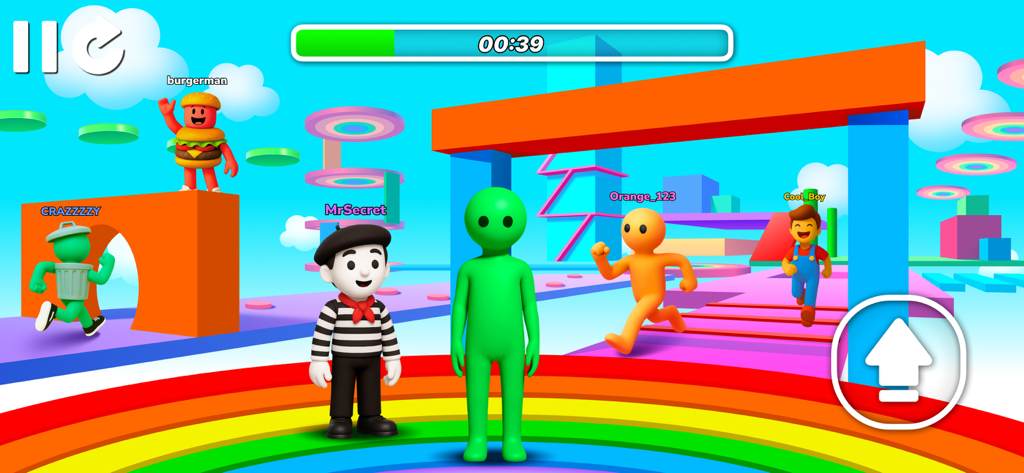 Mega Obby - Parkour Fun Run 3D - Multiple 3D characters racing through a colorful parkour obstacle course with rainbow paths