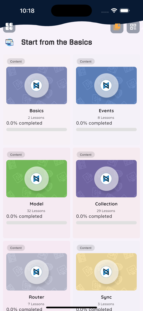 Learn Backbone.js Framework - Course overview screen showing modules for Backbone.js basics events models and collections