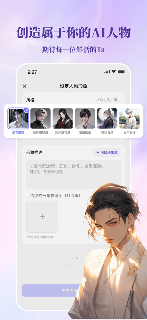 Zhumengdao App-Bildschirm, der die Erstellungs- und Anpassungsoberfläche für einen neuen KI-Charakter mit verschiedenen Anime-Kunststilen zeigt