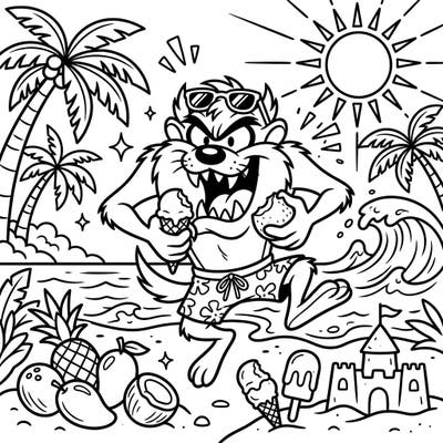 Get ready for a wild summer adventure with this coloring page featuring a Tasmanian Devil enjoying a sunny beach vacation. Dive into a scene bursting with tropical fruits, ice cream, and playful waves, perfect for bringing vibrant colors to life.