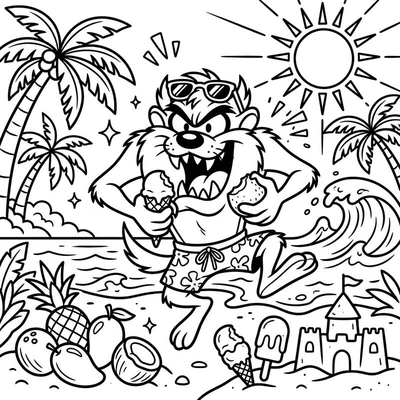 Get ready for a wild summer adventure with this coloring page featuring a Tasmanian Devil enjoying a sunny beach vacation. Dive into a scene bursting with tropical fruits, ice cream, and playful waves, perfect for bringing vibrant colors to life.