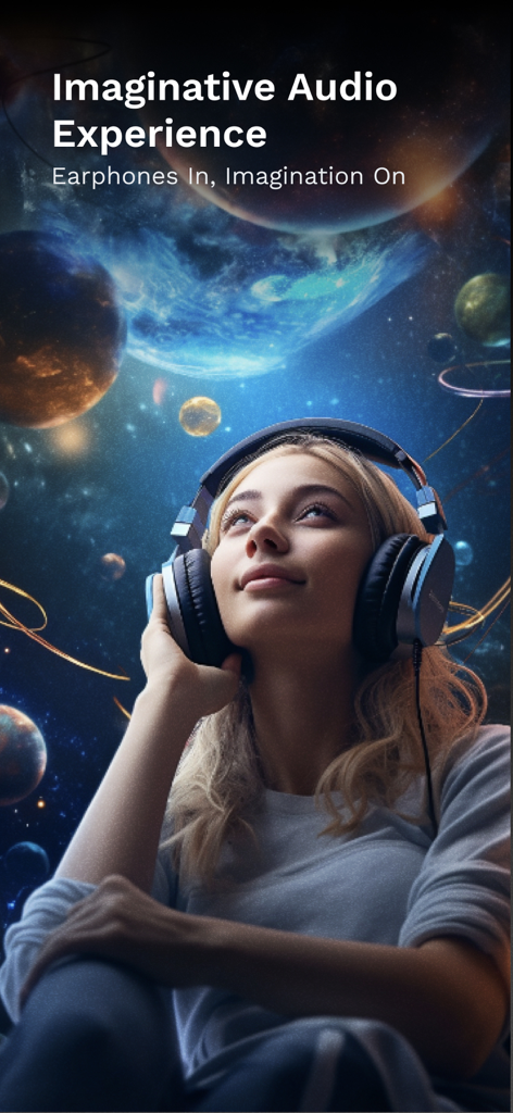 Headfone: Premium Audio Dramas - A woman wearing headphones imagining a cosmic world while listening to Headfone audio dramas