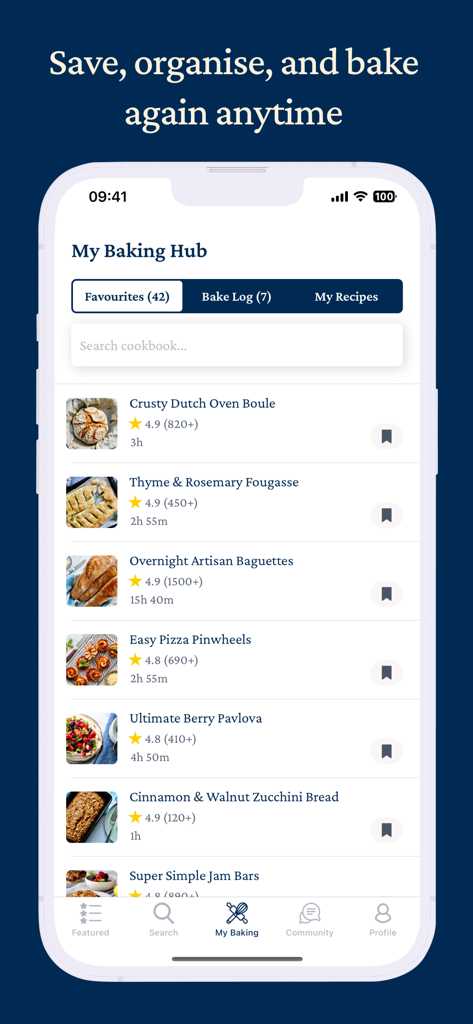 Kneady: Bread & Baking Recipes - Interfaccia dell'app Kneady che mostra il My Baking Hub con un elenco di ricette di pane e dolci preferite