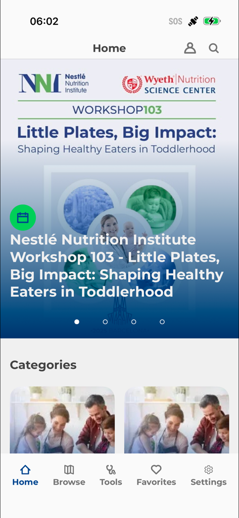 NNI365 - Schermata principale dell'app NNI365 con il Workshop 103 "Little Plates Big Impact" sulla nutrizione dei bambini piccoli