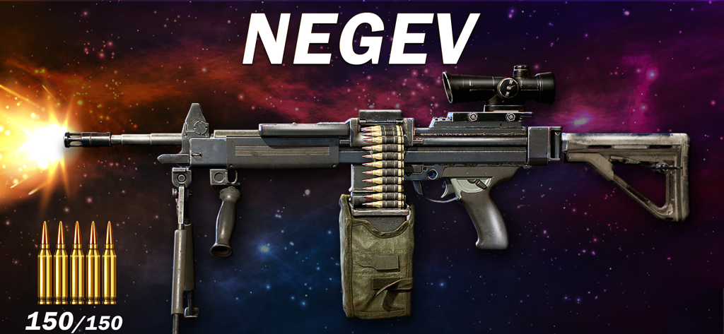 Gun Simulator - Gun Sounds - A 3D simulation of a Negev machine gun firing with muzzle flash in a space background