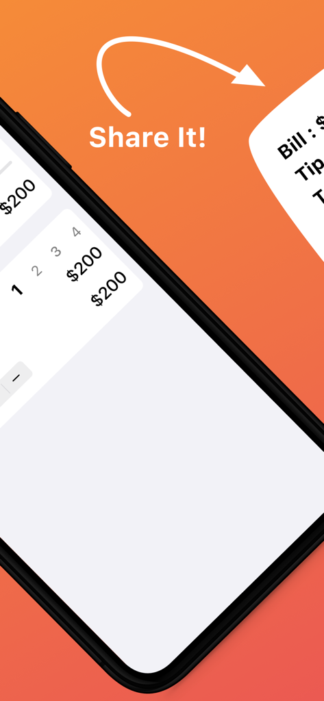 請求書の分割とチップ計算のための共有機能を強調する携帯電話画面。