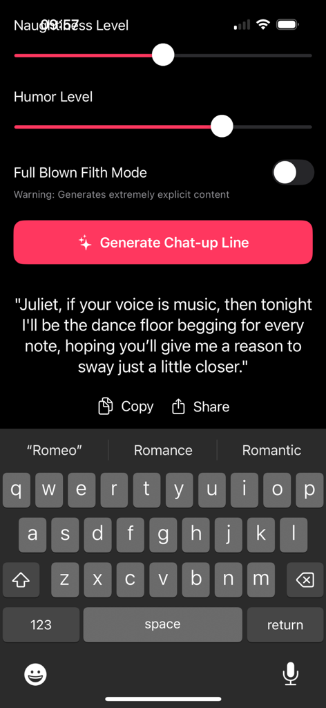 Sinners Whisper - Interfaccia dell'app Sinners Whisper che mostra cursori per malizia e umorismo con una battuta civettuola generata dall'AI