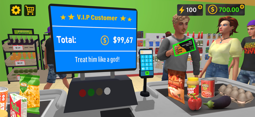 Supermarket 3D Simulation Game - Perspectiva en primera persona de un cajero cobrando a un cliente VIP en un juego de simulación 3D de supermercado