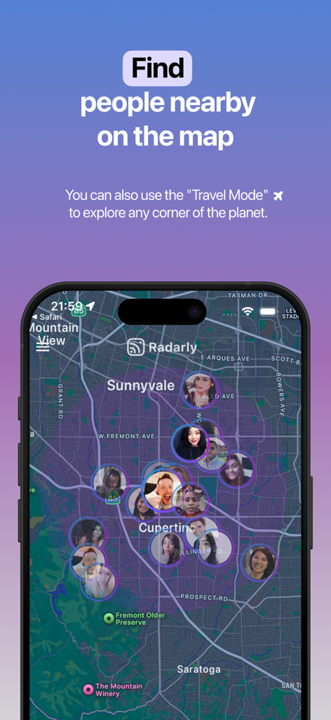 Radarly: Find People Near Me - Radarly app screenshot showing user profiles on a map for social discovery