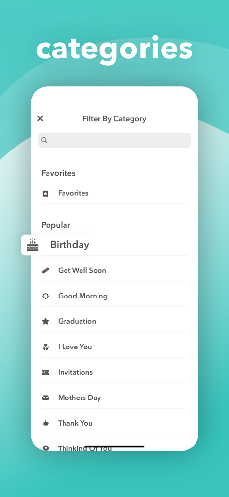 CardSnacks: ecards, greetings - CardSnacks-App-Oberfläche, die eine Liste von Grußkartenkategorien wie Geburtstag und Muttertag anzeigt