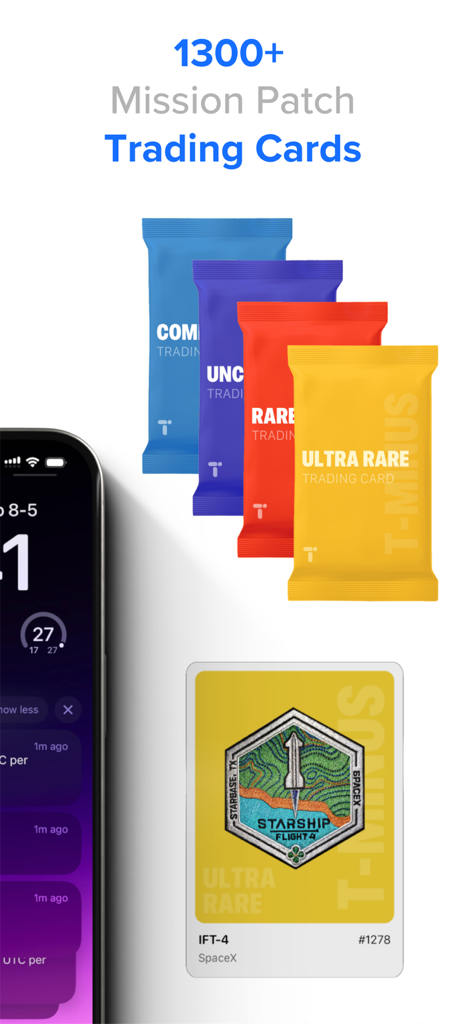 T-Minus – Space Launch Tracker - Pantalla de tarjetas de comercio de parches de misión espacial digitales con niveles de rareza y una tarjeta del Vuelo 4 de Starship