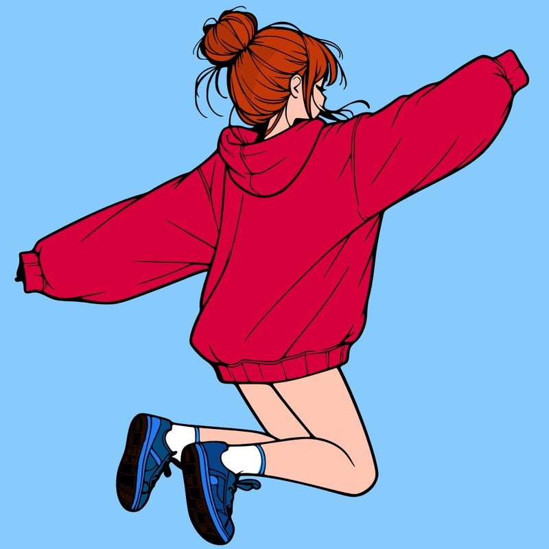 realistic girl jumping with a bun and oversized sweatshirt