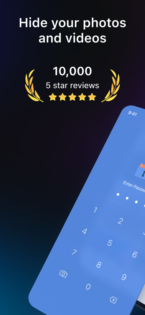 GalleryVault -Hide Photo Video - GalleryVault passcode lock screen showing 10000 five star reviews and the option to hide photos and videos