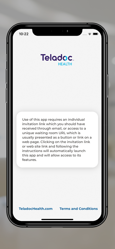 Welcome screen of the Teladoc Health Patient app explaining the invitation link requirement.