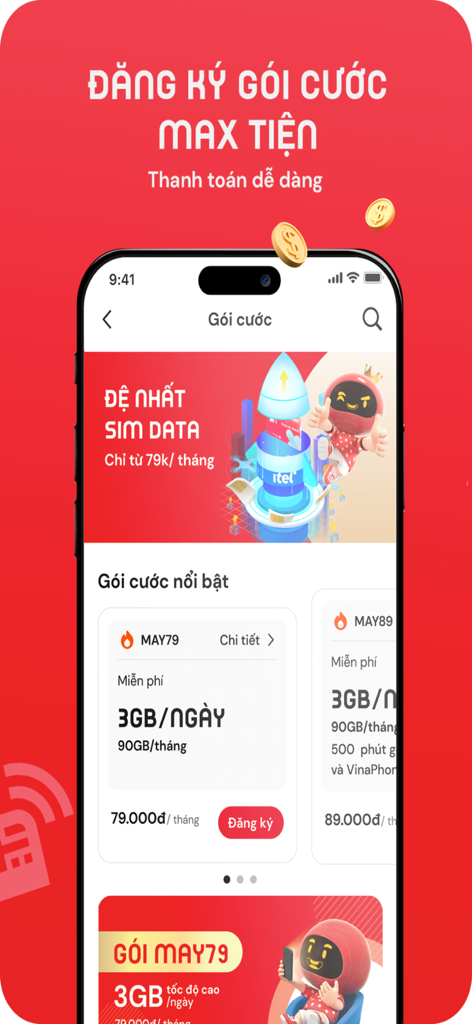 Interface of the My iTel app displaying different mobile data packages and plan details