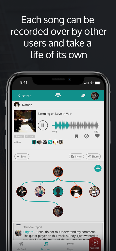 Interfaccia dell'app Songtree che mostra un albero di canzoni collaborative con diversi rami di registrazione utente e una forma d'onda audio
