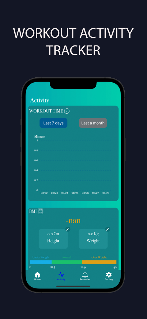 Martial Arts Trainer at home - Workout activity tracker dashboard showing exercise duration and BMI stats