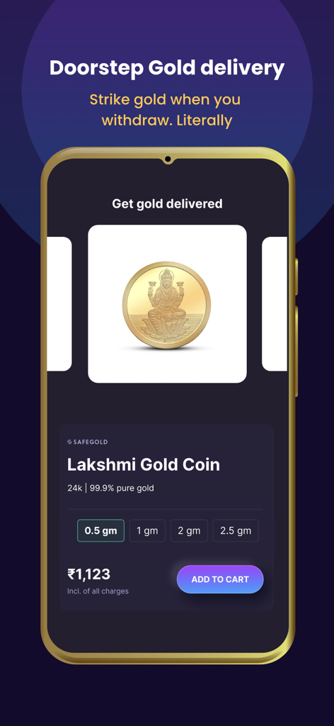Jar app interface showing doorstep delivery options for a 24 karat Lakshmi Gold Coin