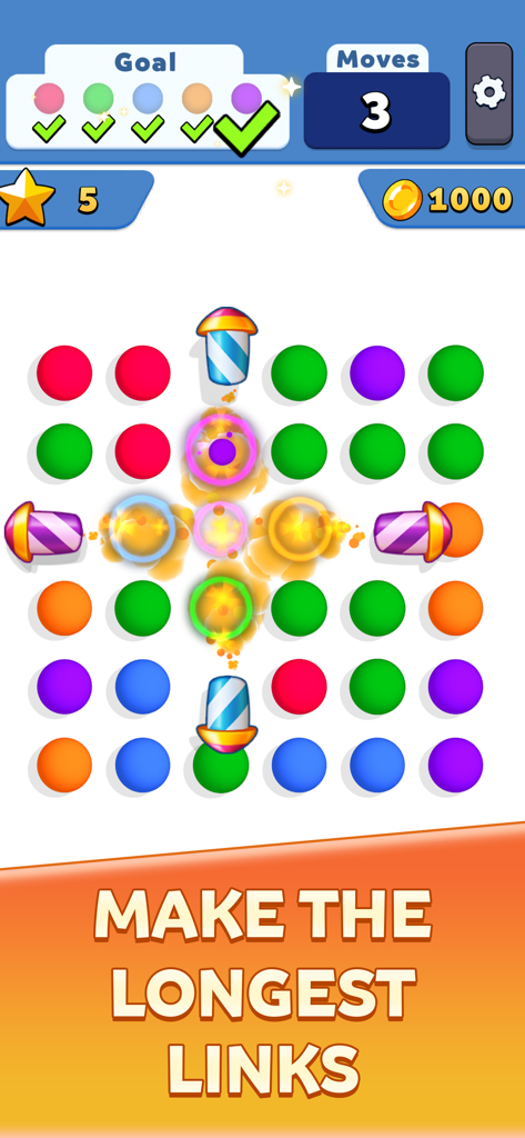 Gameplay screenshot showing colorful dots and rocket boosters in the Collect Em All puzzle game