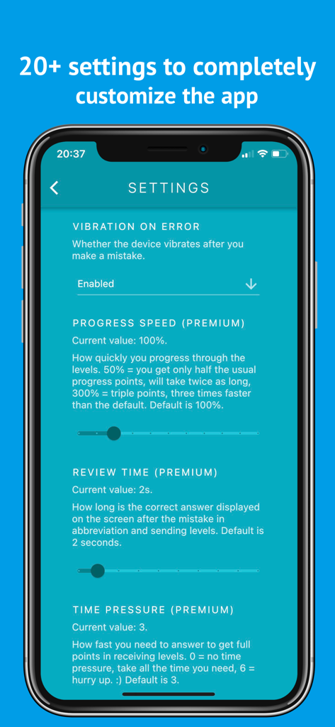 Morse Mania: Learn Morse Code - Morse Mania app settings screen showing advanced customization options for learning morse code.