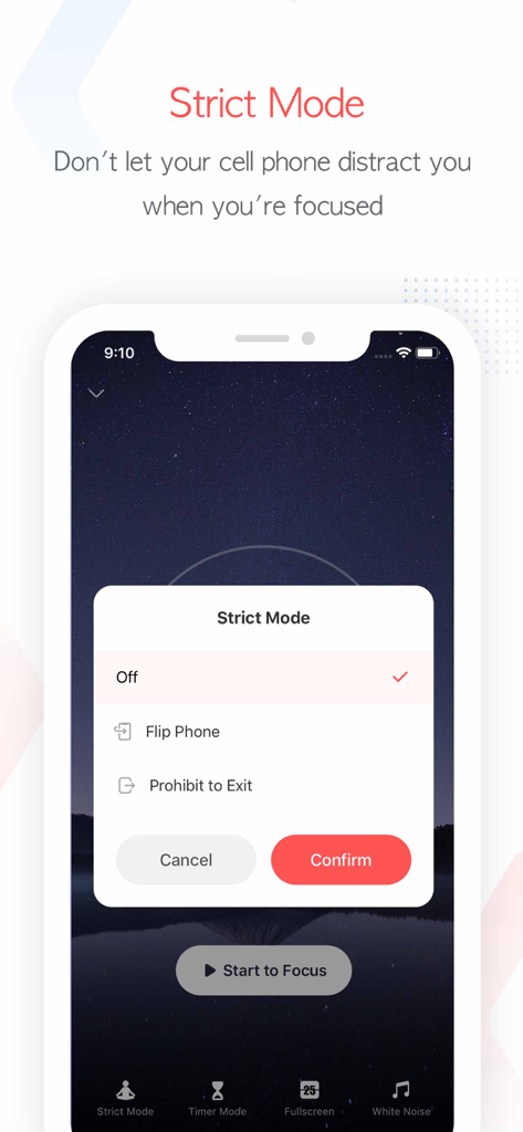 Focus To-Do: Focus Timer&Tasks - Focus To-Do App-Oberfläche für die Einstellungen des strengen Modus für ablenkungsfreie Produktivität