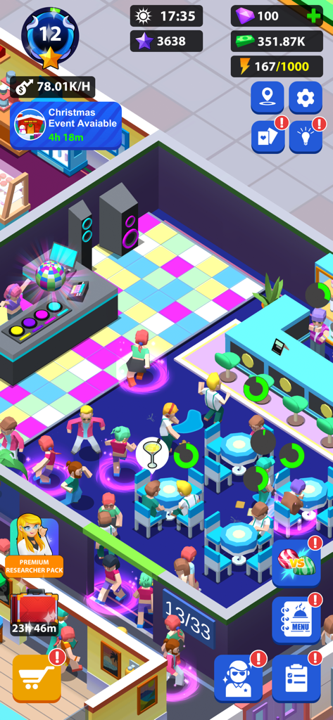 Dream Restaurant - Idle Tycoon - Top-down gameplay view of a busy restaurant featuring a dance floor, DJ booth, and customers at dining tables.