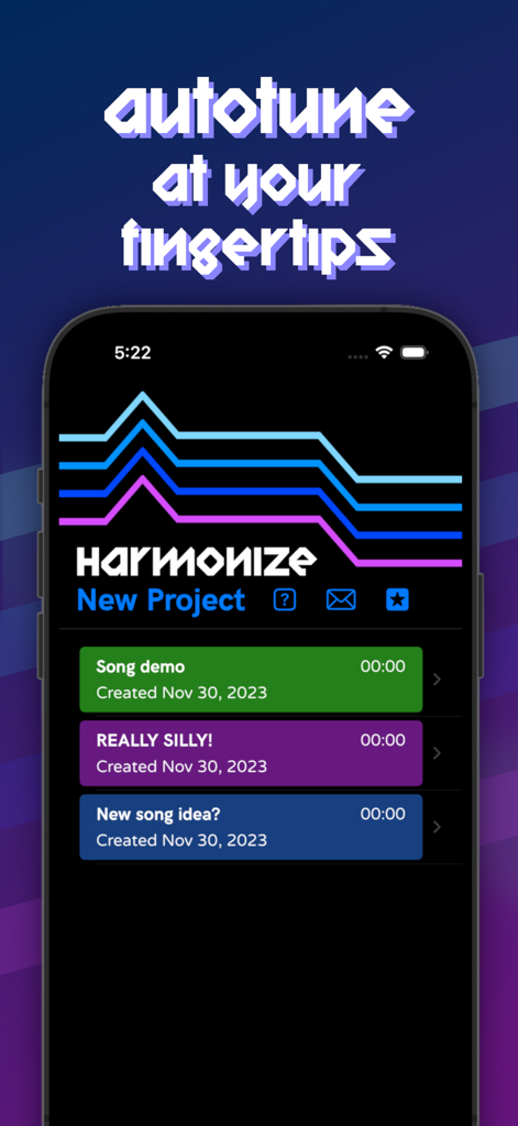 Harmonize Vocal Tuner - Interface de l'application Harmonize Vocal Tuner montrant une liste de projets de chansons enregistrées sur un iPhone