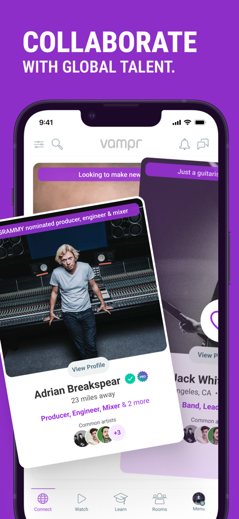 Vampr: #1 Musician Network. - Vampr mobile App-Oberfläche, die professionelle Musikerprofile für Networking und Zusammenarbeit zeigt