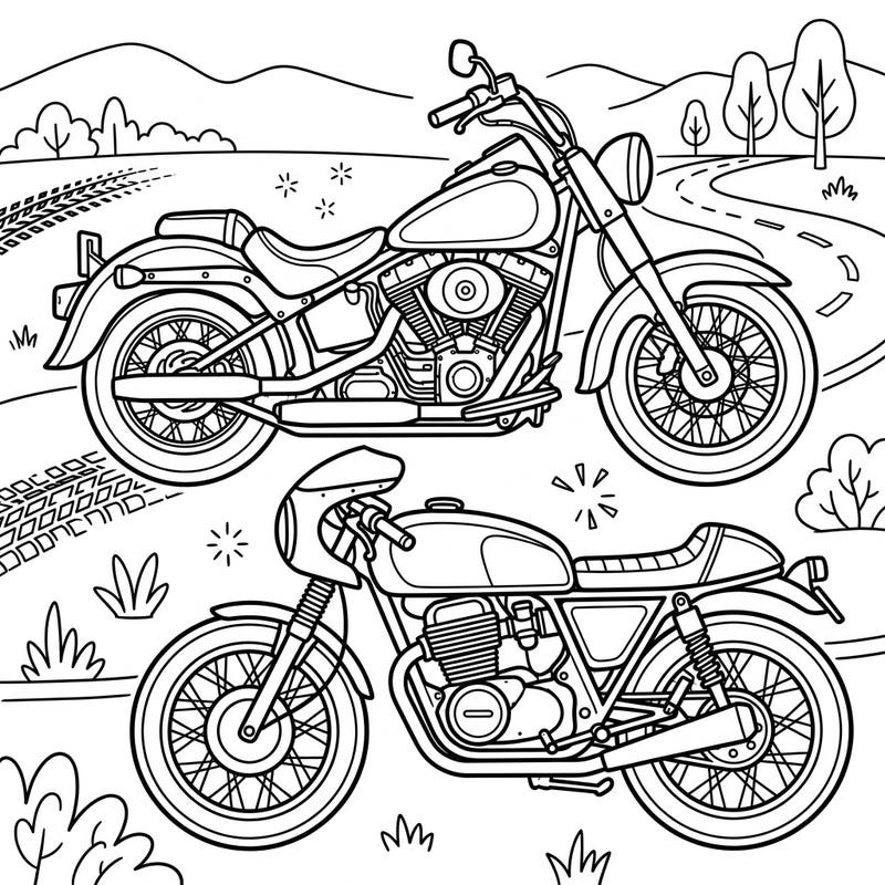 Journey back in time with two magnificent classic motorcycles ready for your artistic touch. This coloring page, perfect for seniors, features bold lines and engaging details for a truly enjoyable experience.