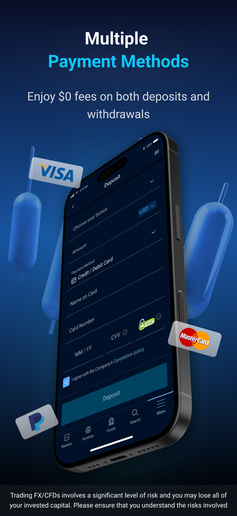 Xtrade Mobile-App zeigt Einzahlungsoptionen und mehrere Zahlungsmethoden ohne Gebühren