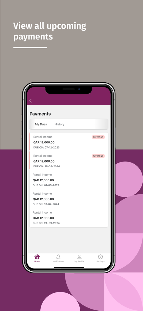 Al Mana Capital Real Estate - Mobile screen showing rental payment history and overdue dues in the Al Mana Capital Real Estate app