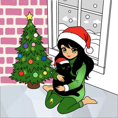 a girl wearing a santa claus hat is holding a cat in her arms, who is also wearing a santa claus hat. they are sitting near a christmas tree. there is a window next to the tree.