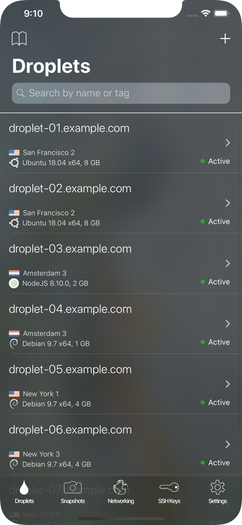 サーバーの詳細情報とともにアクティブな Droplet のリストを表示している Digital Ocean マネージャーアプリ