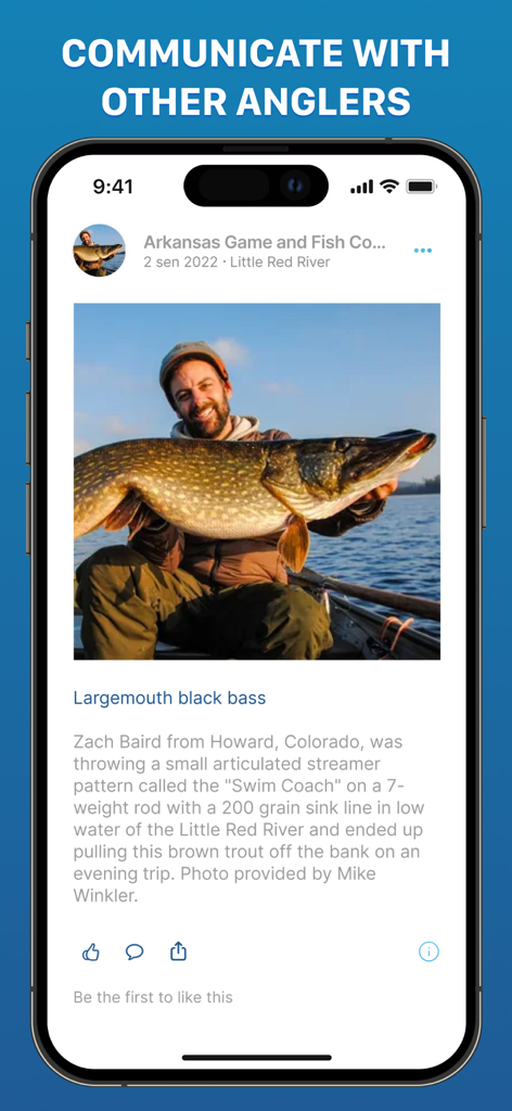 Fishing App : Fish Finder - Interface of the fishing app showing a community feed post with a fisherman holding a large catch