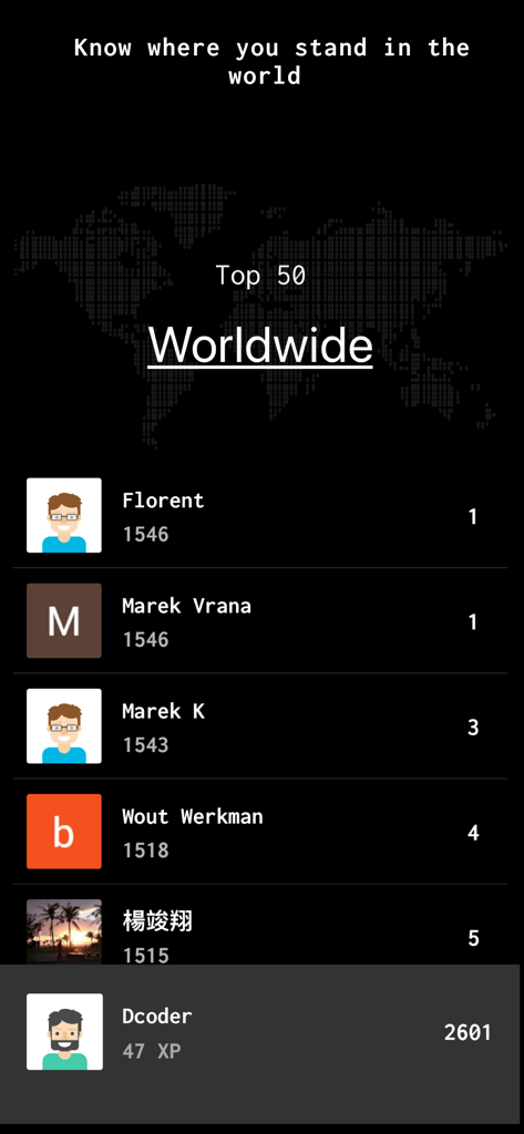 Dcoder, code compiler IDE - Dcoderアプリのグローバルリーダーボードに、世界中の開発者のランキングが表示されています。