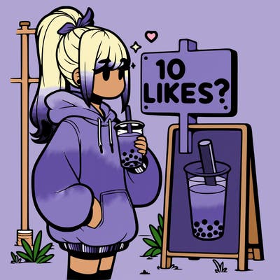 girl with oversized hoodie drinking boba and she has a high ponytail with a sign that says 10likes?