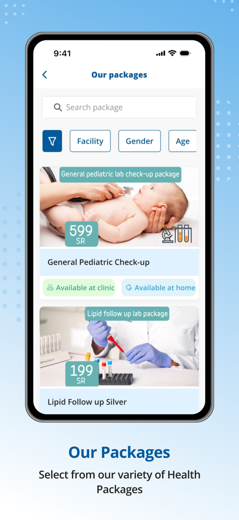 Nahdicare Clinics app interface showing various health check packages with prices