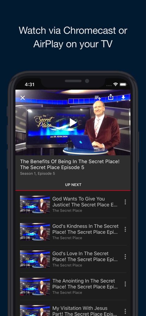 Warrior Notes TV app interface showing video playback with Chromecast and AirPlay streaming options.