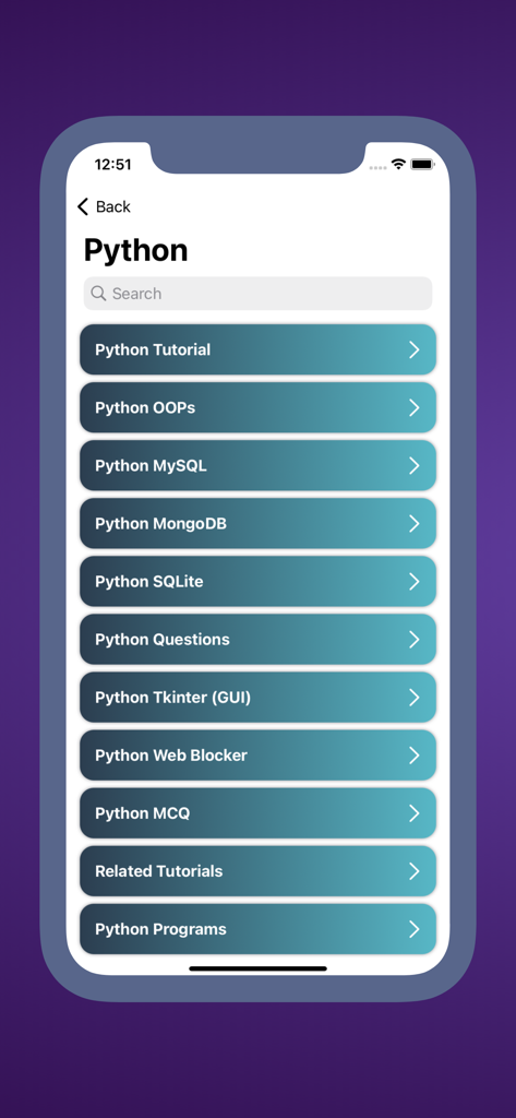 Interface of CodeHub app showing a menu of Python programming tutorials and topics