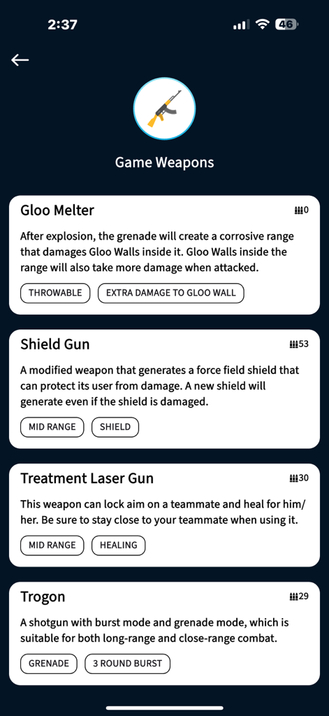 FFF Max Diamond - A detailed weapons guide within the FFF Max Diamond app showing tactical stats and descriptions for items like the Gloo Melter and Shield Gun.