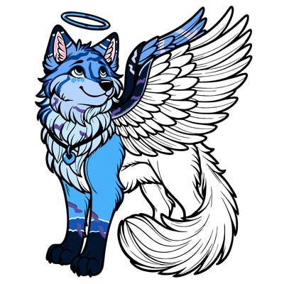 realistic wolf with wings and a halo