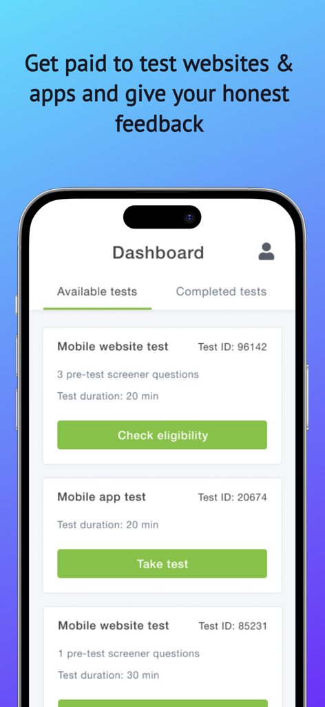 Trymata Testing - Trymata Testing app dashboard showing available website and app tests with options to check eligibility or take tests.