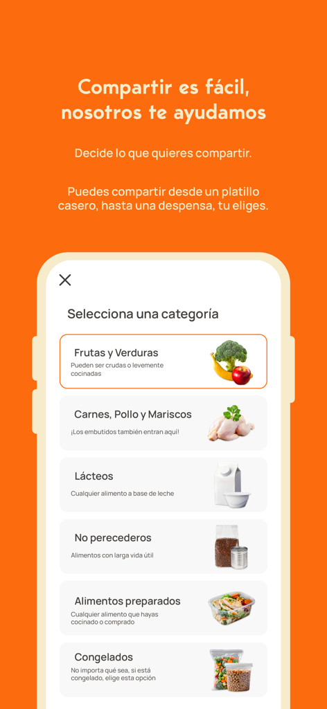 TacoShare app screen showing a menu to select food categories for sharing including fruits, vegetables, dairy, and prepared meals