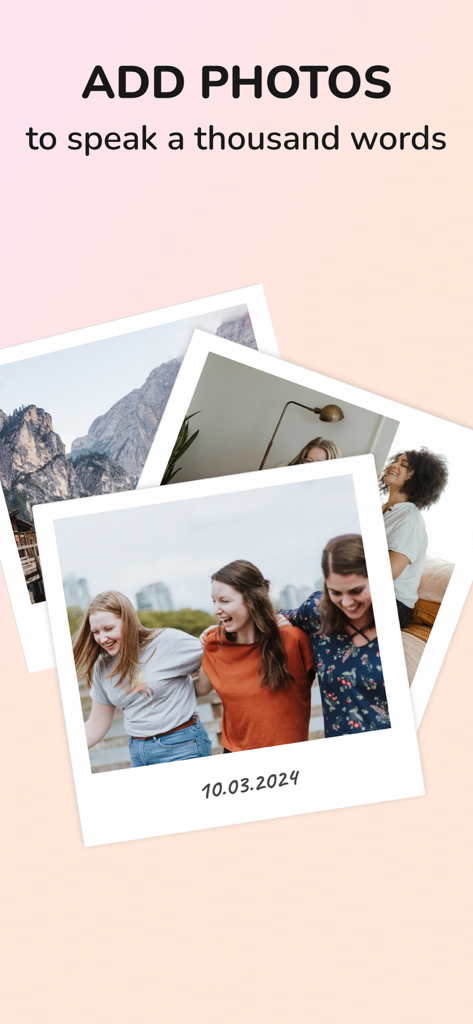 Daily Journal: Diary with Lock - 「写真を加えることは千の言葉を語る」というテキストとともに、ロック付き日記アプリの友人や風景の写真のポラロイドスタイル写真