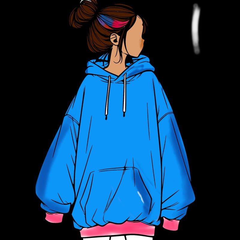 realistic girl with a oversized sweatshirt on and a bun