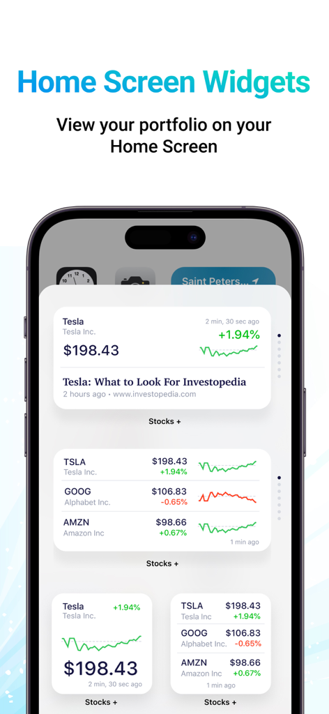 Stocks+ app - iPhone home screen displaying various stock market tracking widgets from the Stocks plus app