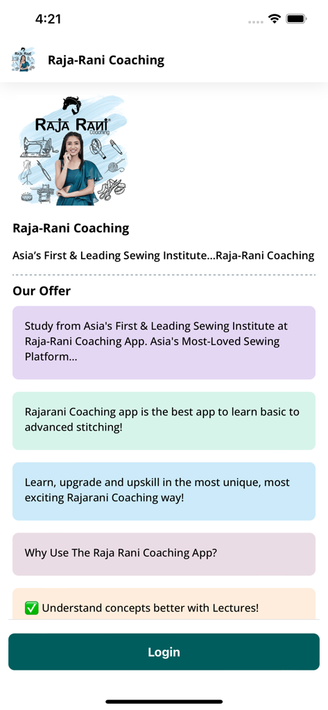 Raja-Rani Coaching - Welcome screen of the Raja-Rani Coaching app featuring sewing and stitching courses