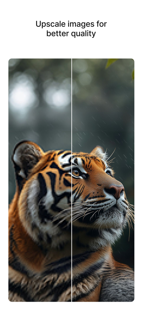 Pixelbin: AI Photo Editor - Comparação de tela dividida de uma foto de tigre pixelada versus uma versão aprimorada de alta resolução.