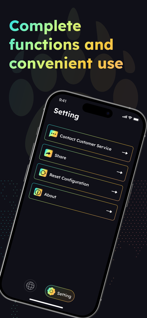 VPN - Bear VPN Proxy Master - Settings screen of the Bear VPN Proxy Master app showing a list of functional menu options like contact customer service and share.