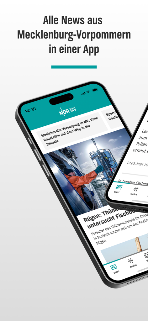 ローカルニュースが表示されたNDRメクレンブルク＝フォアポンメルンアプリのインターフェースを示すスマートフォン。